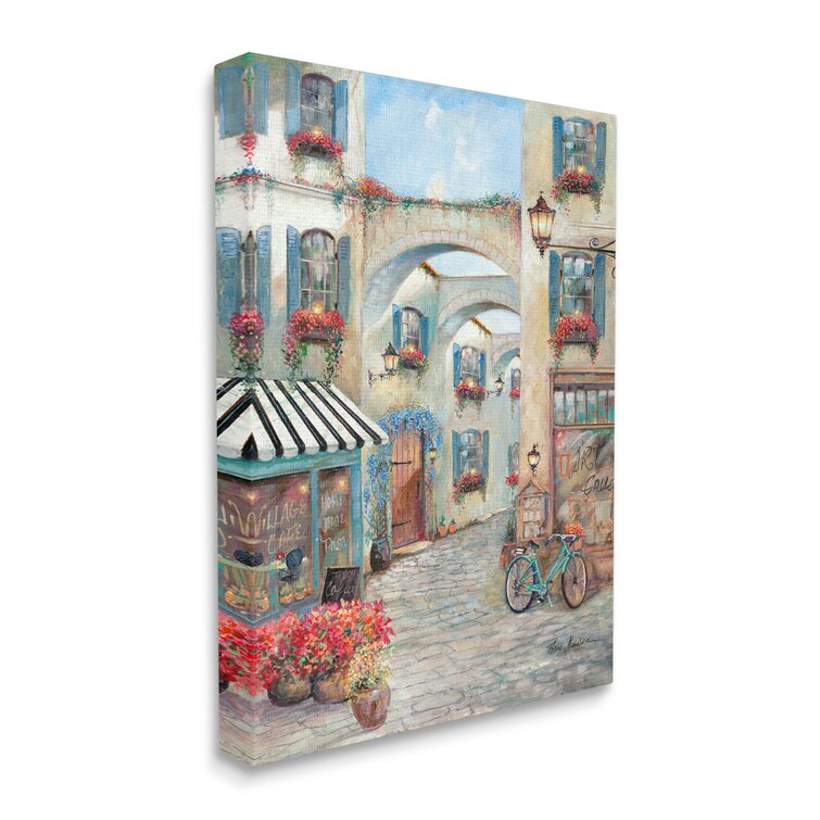 European Village Traditional Town Square Bistro Flowers Architecture Framed  by Ruane Manning Painting